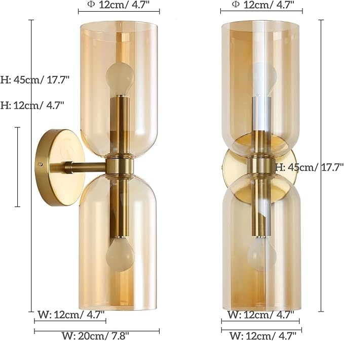 Minimalist 2-Light Gold Wall Sconces with Cylinder Glass Shades- Mid Century Vanity Wall Double Lights Hardwired- Modern Indoor Glass Wall Mounted Art Decor Lights (Amber, 1 Pack)