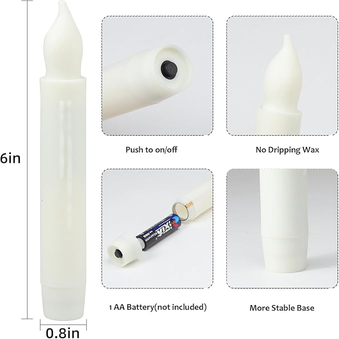 24 Packs Flameless Taper Candles Battery Operated Candlestickes Electric LED Candles Flickering Christmas Candlesticks Warm Yellow Light Party Home Decor H: 6 inches No Remote