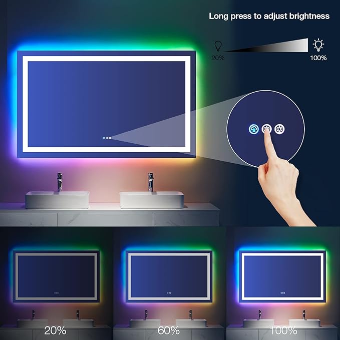 LOAAO 72X32 Inch RGB LED Bathroom Mirror with Lights, Anti-Fog, Dimmable Lighted Bathroom Vanity Mirror, Colorful Multiple Light Modes, RGB Backlit + Front Light, Memory Function