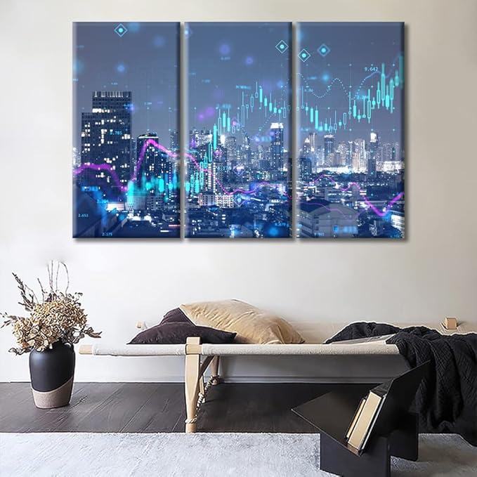TUMOVO 3 Pieces Digital Financial Stock Market Chart on Technology Abstract Background and Night City Skyline Pictures Wall Decor Living Room Modern Home Decor Framed Ready to Hang (36" Wx24 H)