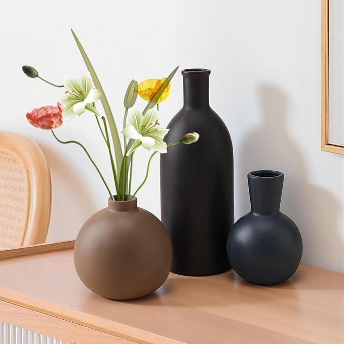 Small Ceramic Vase Set of 3, Boho Modern Flower Vase Room Decor, Farmhouse Decor, Vases for Your Kitchen, Bathroom, Bedroom, Living Room, Office&Shelf Centerpiece Table Decorations Multicolor - 346