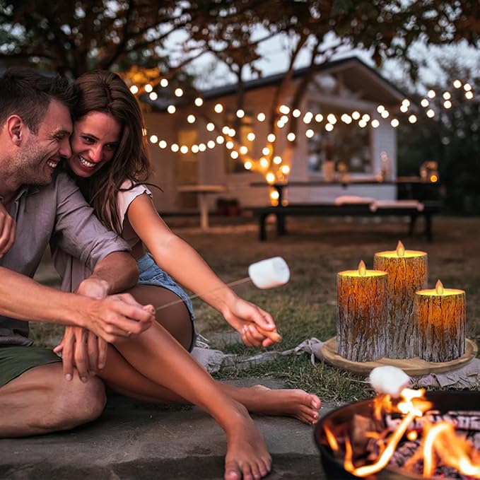 Pine Bark LED Flameless Pillar Candles Battery Operated with Flickering Warm Yellow Light Moving Wicks, Pack of 3 (D 3”×H 4”5”6”) Real Wax Candles with Timer and Remote Control