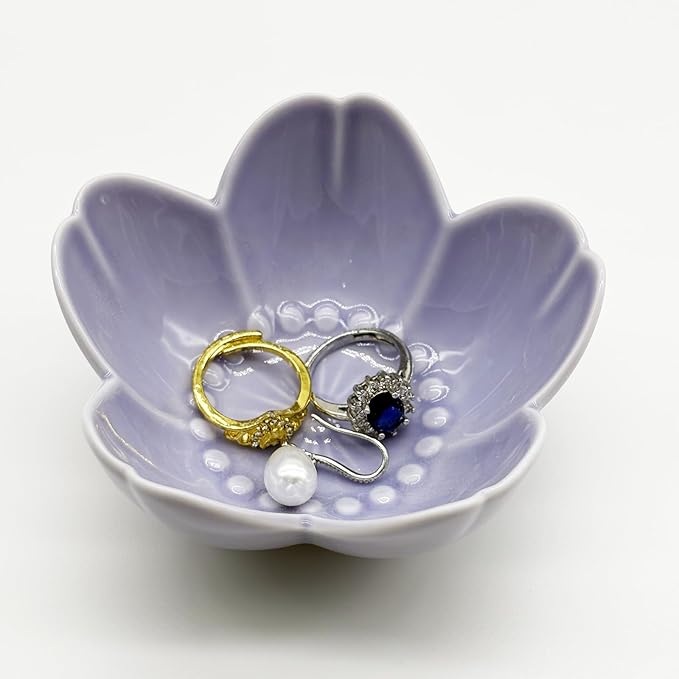 Purple Flower Ring Dish Jewelry Tray, Ceramic Jewelry Dish, Small Trinket Dish, Nightstand Bathroom Decor Ring Holder, Jewlery Plate Bowl for Christmas Friendship Birthday Gifts for Women Mom