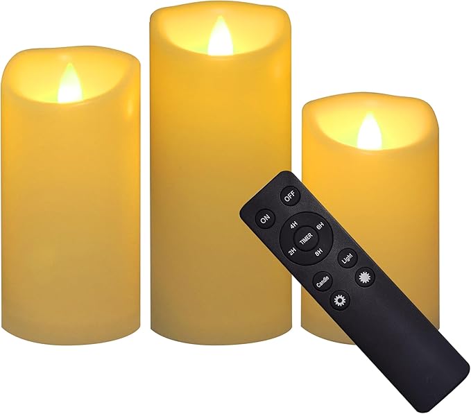 CANDLE CHOICE Outdoor Battery-Operated Flameless Candles with Remote Timer Waterproof Flickering Plastic Electric LED Pillar Lights for Lantern Patio Garden Wedding Halloween Christmas 3x5,6,7” 3 Pack