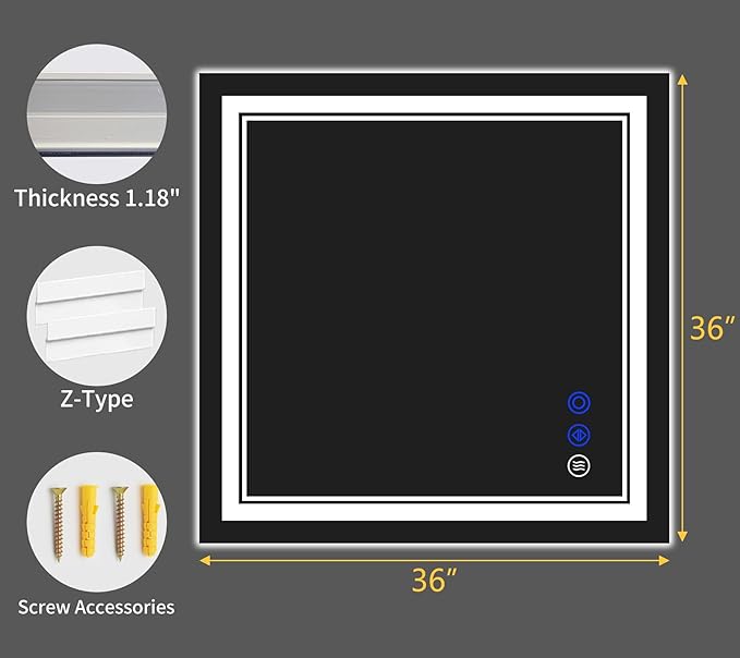 36"x36" LED Bathroom Mirror with Anti-Fog, Stepless Dimmable Lights, 3 Color Modes, Shatter-Proof Tempered Glass,Waterproof Design