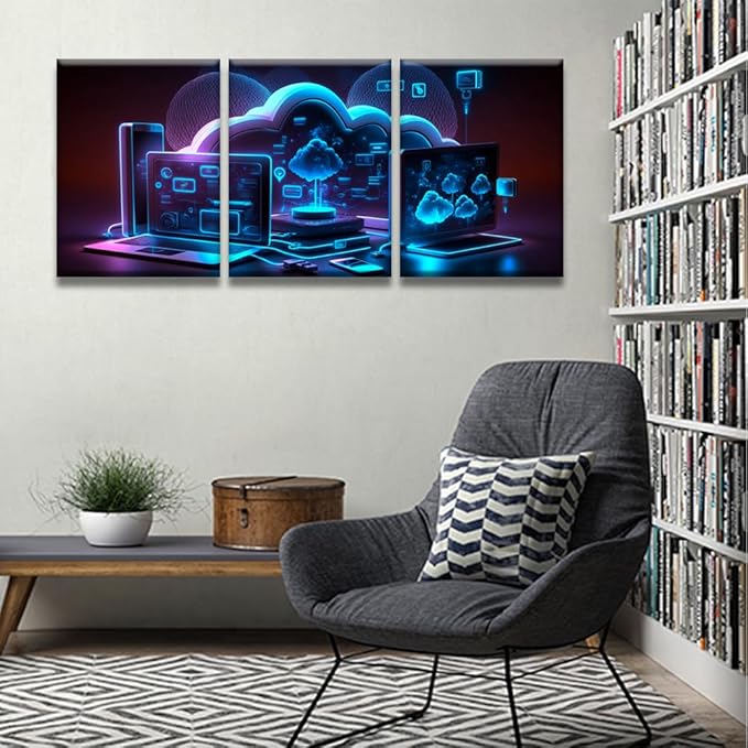 Canvas Art Wall Decor for Bedroom Cloud Storage Communication with Computer Art Prints Canvas Art Wall Painting Artwork for Walls Canvas Wall Decor Bedroom Wall Decor Framed Ready to Hang 12x16inchx3