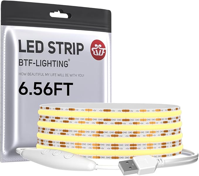 BTF-LIGHTING FCOB COB FOB LED Strip Lights 5V USB Powered 6.56FT 640LEDs Warm White 2700K 8mm Width Dimmable CRI 90+ with 3M Tape Flexible High Density for 3D Printer TV Backlight PC DIY Decor