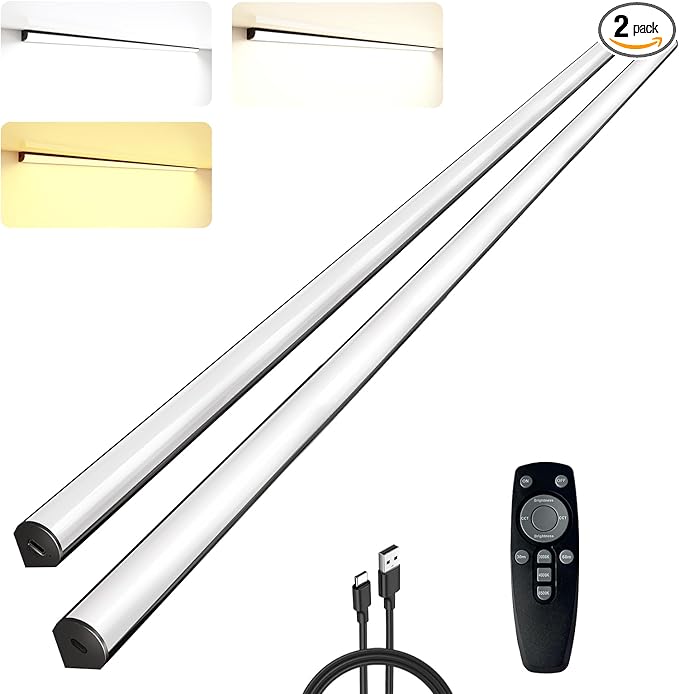Under Cabinet Lighting Wireless with Remote,Rechargeable Battery Operated Closet Lights,3 Color Magnetic Dimmable led Strip Lights,Under Counter Lights for Kitchen,Shelf,Bedroom (Black-2PCS, 80cm)