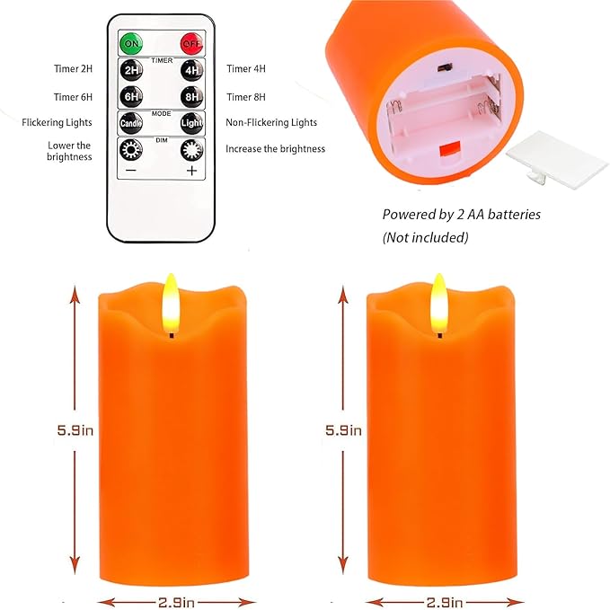 VEEKI Flameless Candles Light, Set of 2 6"x3" Flickering Fall LED Candles with Remote & Timer, Dimmable Pillar Candles Battery Operated, Orange Candles for Fall Halloween Thanksgiving Decor (Orange)