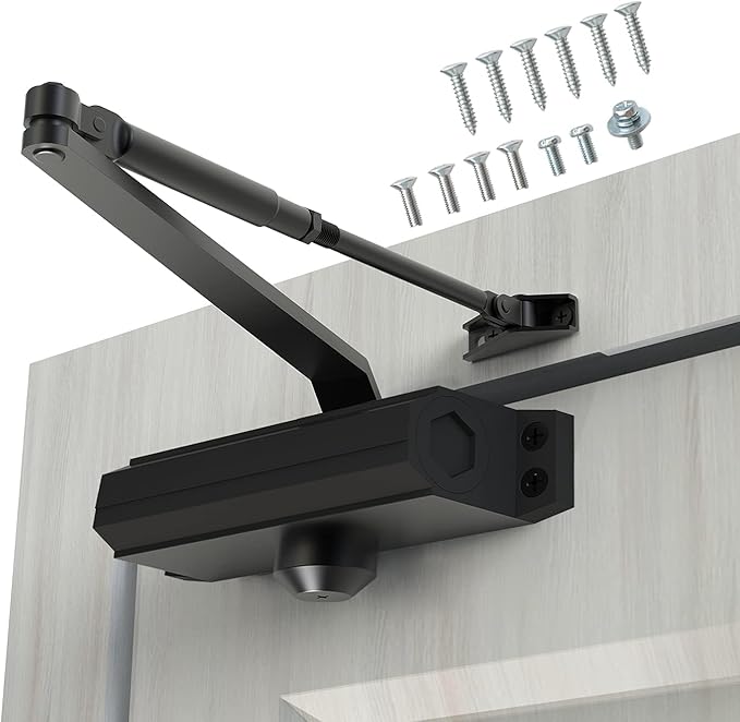 Automatic Door Closer Heavy Duty Fire Prevention Spring Hydraulic Aluminum Alloy Surface Mounted Residential Commerical Door Closer (Black, Size2-Door Weights 99-187 Lbs)