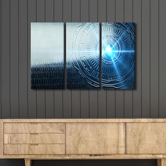 TUMOVO 3 Panel Canvas Wall Art A Key Formed from Binary Code Goes Into an Abstract Lock Posters and Prints, Cybersecurity Concept Artwork for Living Room Wall Decoration, Ready to Hang, 42" Wx28 H