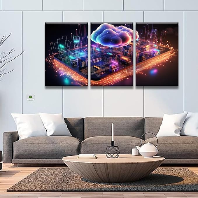 LSIUHWUWI 3 Panel Canvas Wall Art Contemporary Art Cloud Computing Concept Wall Paintings for Living Room Wall Decoration, Modern Artwork Giclee Wooden Framed Ready to Hang, 16x24inchx3