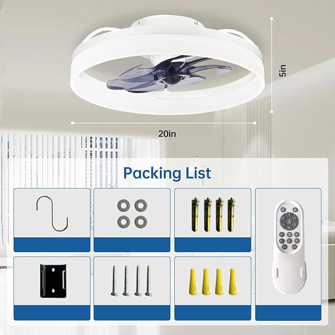 Smart Ceiling Fan with Lights and Alexa Assistant/APP/Remote Control Low Profile Fan with 6 Speeds, 15° Tilt Manal Adjustment, Stepless Color Temperature Change for Home, Office White