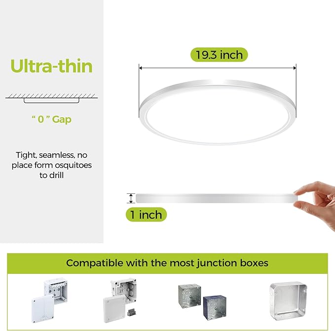hepside 20Inch Big Dimmable Flush Mount LED Ceiling Light Fixture, 3000K-4500K-6000K 3 Color Selectable Ceiling Lamp 45Watt 4500LM Low Profile Ceiling Light for Kitchen Bedroom Hallway Porch