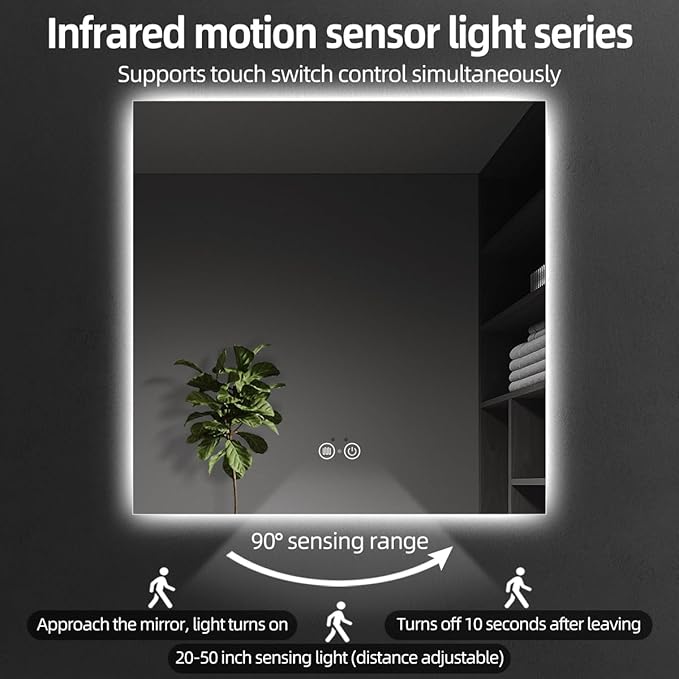Backlit LED Bathroom Mirror, Infrared Motion Sensor Vanity Mirror with 3-Color Lights, Stepless Dimmable Wall Lighted Mirror with Anti-Fog, Memory, Rectangular (36" H x 36" W)