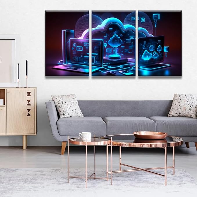 LSIUHWUWI Cloud Storage Communication with Computer Pictures for Bedroom Wall Decor 3 Panel Wall Art Posters and Prints Wall Hanging Decor Modern Home Decor Ready to Hang 16x24inchx3