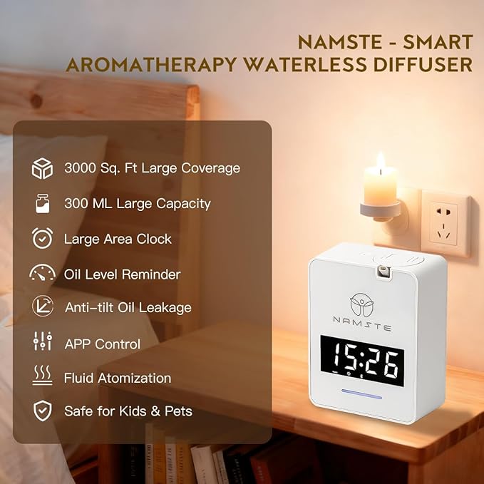 Waterless Diffuser - HVAC System Essential Oil Diffuser with Clock - Whole House & Hotel Coverage 3000 Sq. Ft, 300ML Scent Machine Smart Oil Level Monitoring, Bluetooth Control, Cold Air Tech