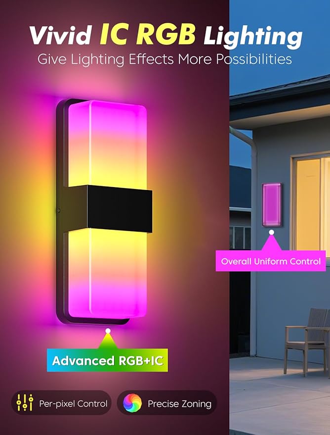 Outdoor Wall Lights, RGBCW Smart LED Lamp, Color Changing Front Door Sconce, Porch Lights Outdoor Light Fixture,12in Exterior Wall Sconces, Remote & Wi-Fi Control, IP65 Waterproof, 2 Pack