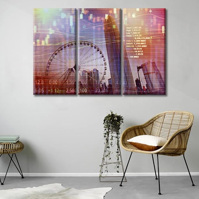 TUMOVO Smart City Pictures Home Decor Art Prints Stock Market on Display Urban Background Artwork Living Room Wall Decor 3 Panel Modern Home Decor Print on Canvas Framed Ready to Hang (36" Wx24 H)