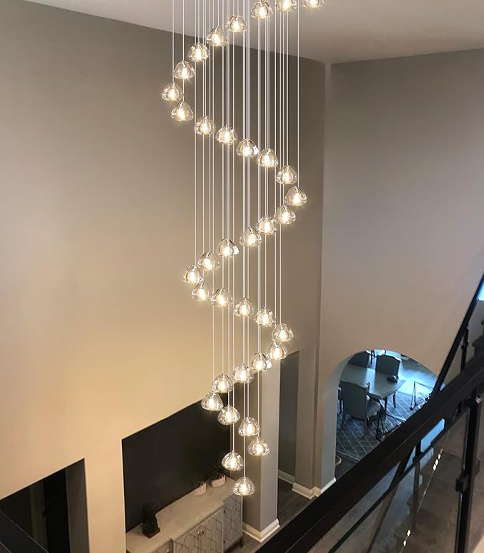 W27.5 x H197 Extra Large Chandelier Bubble Crystal Balls Glam Chandeliers Dimmable Light High Ceiling Pendants Light Fixtures Adjustable Long Lights Silver Chrome