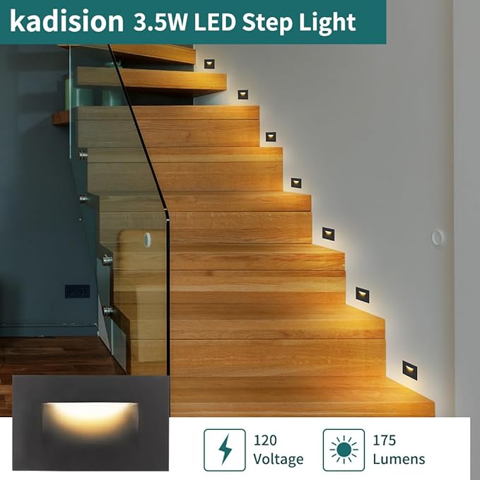 kadision 120V Dimmable LED Step Lights, 3000K/4000K/5000K Selectable, 3.5W 175lm Indoor Outdoor Stair Lights, Aluminum ORB Finish, 4 Pack