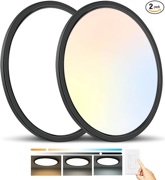 3200LM Flush Mount Ceiling Light Fixtures Black 12Inch, Dimmable LED Ceiling Lights for Bedroom, CCT Adjustable 3000K 4500K 6000K, Bright Low Profile Flat Ceiling Lights for Kitchen Bathroom, 2 Packs