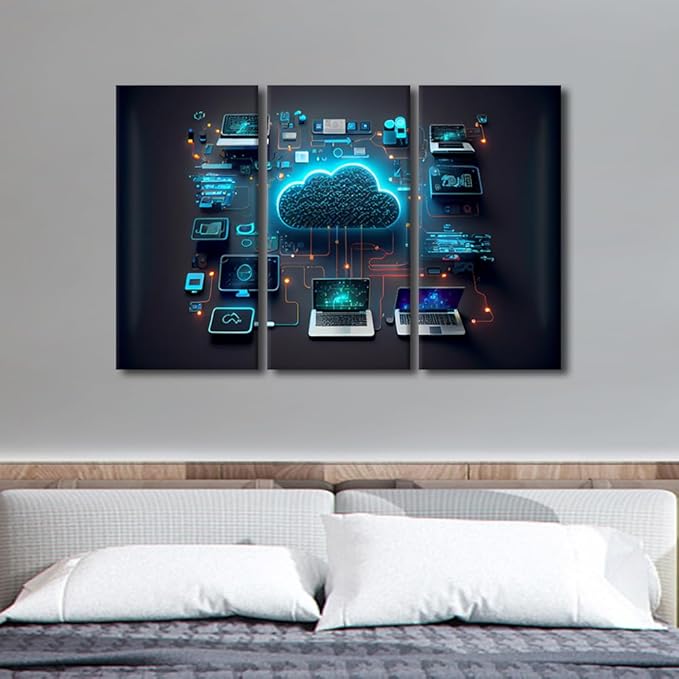 TUMOVO 3 Panel Canvas Wall Art Devices Connected to Digital Storage in the Data Center Via the Internet Pictures Print on Canvas for Home Wall Decoration, Stretched Framed Ready to Hang, 42" Wx28 H