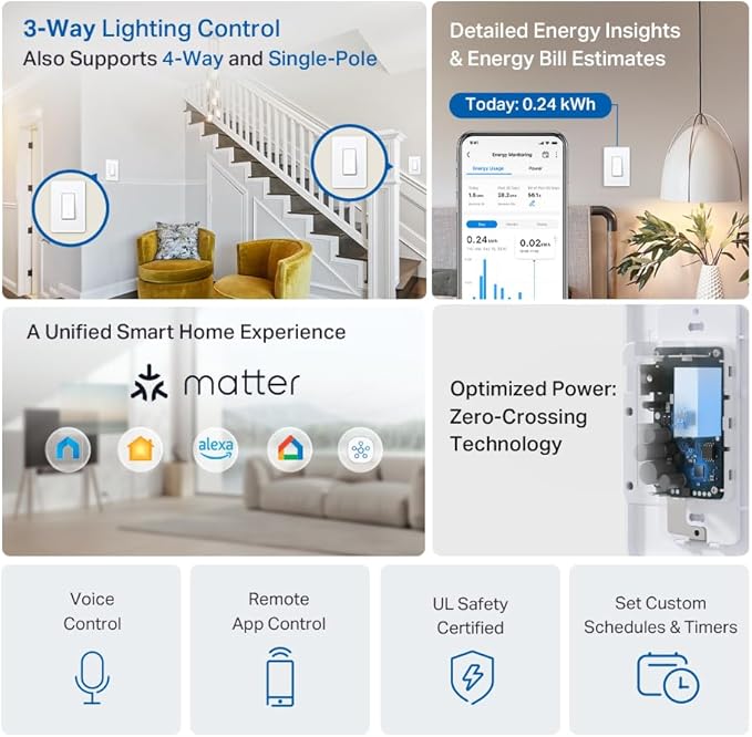TP-Link Tapo Smart Switch, Single-Pole/3-Way/4-Way, Matter Compatible, Energy Monitoring, Neutral Wire Required, Works with Alexa, Siri, Google Home, SmartThings, UL Certified, 2.4GHZ Wi-Fi, Tapo S515
