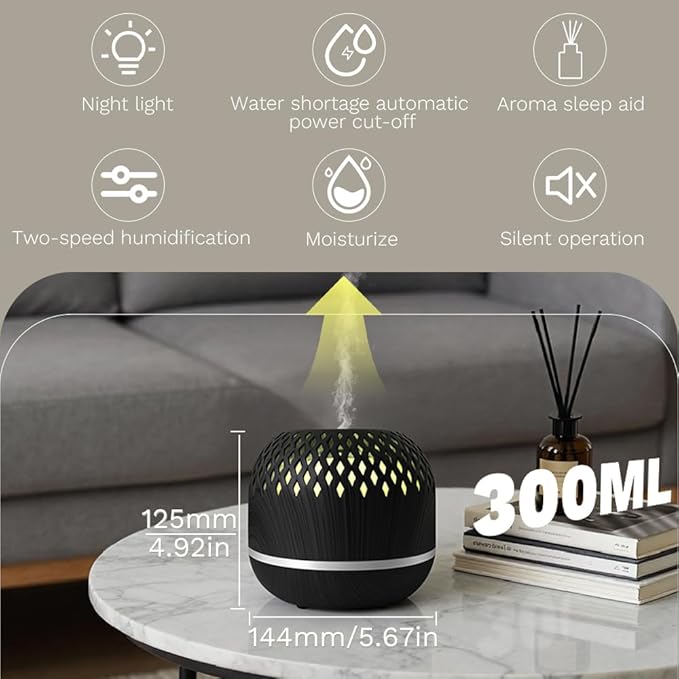 Essential Oil Diffuser 300ml for Home Bedroom, Aromatherapy Oil Diffuser with 3H 6H Timer, 7 Color Light, USB Type-C, Hollow Design, Auto Shut-Off(Dark Woodgrain, Openwork)