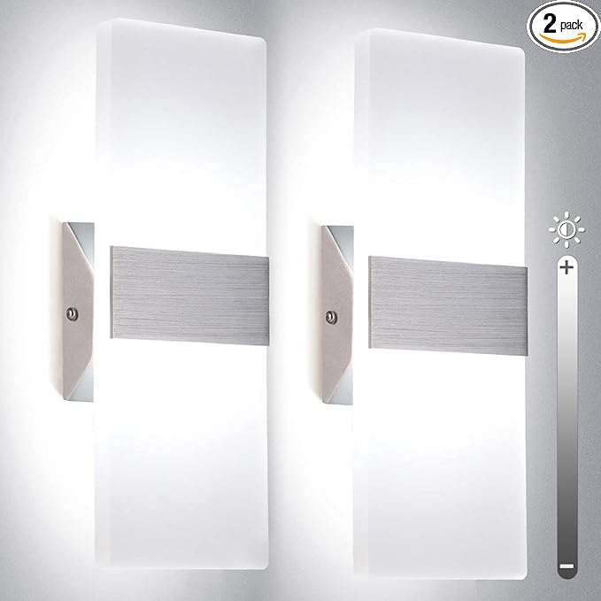 TRLIFE Modern Wall Sconces, Dimmable Wall Sconces Set of 2 Wall Mounted Lights 12W 6000K Cool White Hardwired Wall Sconce Lighting for Bedroom Bedside Living Room Stairway Hotel(2 Pack)