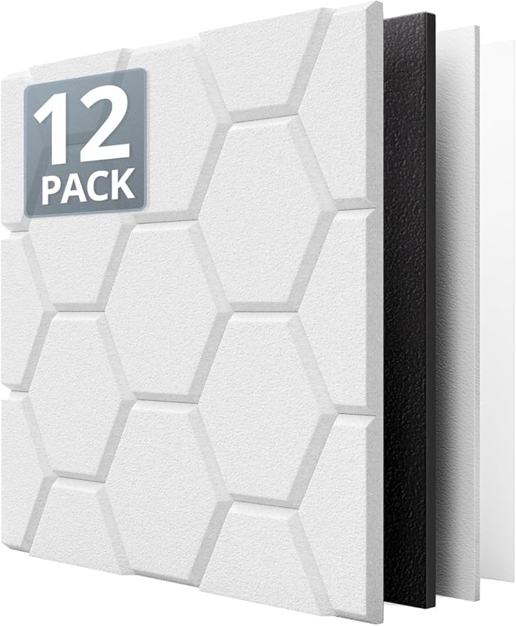 Kuchoow Mass Loaded Vinyl Soundproof Foam Wall Panels for Noise Reducing and Absorbing, Hexagon White 12 Pack 12" x 12" x 0.4” Acoustic Panel for Studio Room, Decorative Tiles for Ceiling, Door
