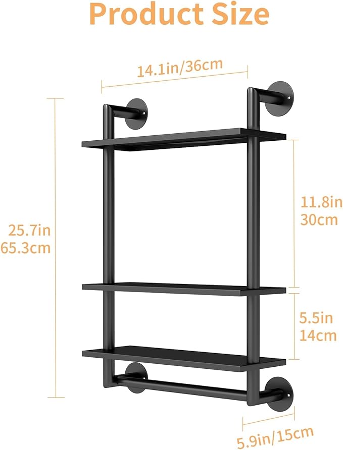 Bathroom Shelves Wall Mounted, 3 Tier Bathroom Shelf with Towel Bar, 26in Stainless Steel Floating Pipe Racks Over Toilet, Wall Shelves for Bathroom Laundry Room Kitchen Storage