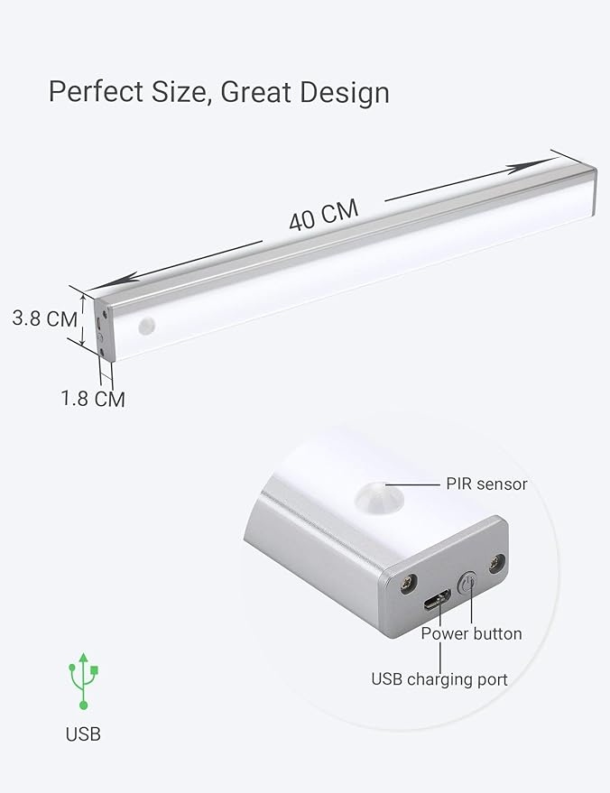 Automatic Wireless 48 LED Kitchen Cabinet Lighting Motion Sensor Rechargeable Closet Light Pantry Light, Closet Lights Battery Operated Kitchen Lighting Under Counter(158lm, 6500k, 15.8inch)