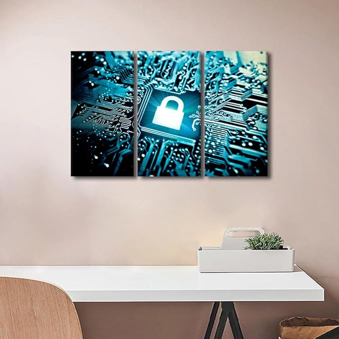 TUMOVO Security Lock Symbol Wall Pictures for Living Room Wall Decoration AI Intelligence Wall Art Large Wall Decor AI Canvas Wall Art 3 Pieces Artwork Wall Decor Framed Ready to Hang, 36" Wx24 H