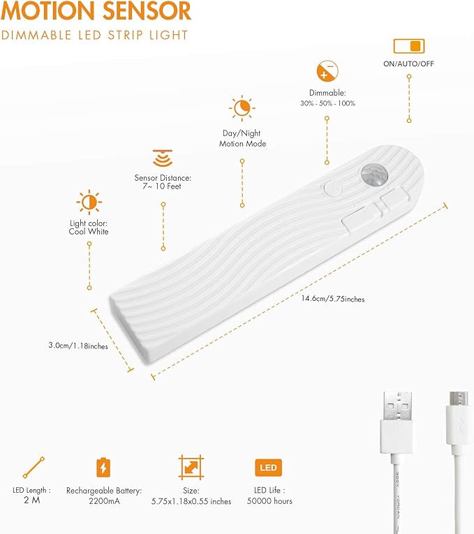 Sensky Motion Activated Strip Lights Rechargeable Motion Sensor LED Strip Light Dimmable Strip Lighting for Wardrobe, Gun Safe, Cabinet, Pantry, Closet (2M, Cool White)