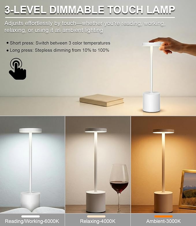 White Rechargeable Cordless Table Lamps Set, 5000mAh Battery Powered Wireless Table Light, Portable LED Desk Lamp, 3 Color Dimmable Lighting for Restaurant Dining Patio Outdoor Bedroom