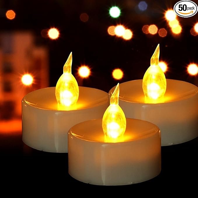 Hanzim Battery Tea Lights, 50 Pack LED Tea Light Candles 100 Hours Realistic Flickering Bulb Battery Operated Tea Lights for Seasonal Festival Celebration Electric Fake Candle in Warm Yellow