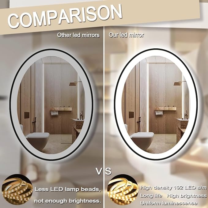 THEKLA 24 x 32 inch Black Framed Oval LED Mirror for Bathroom Wall Oval Lighted Vanity Mirror with Lights Black Frame Smart Memory 3 Color Dimmable Front Lit Anti-Fog 32" Black Ovals Light up Mirrors