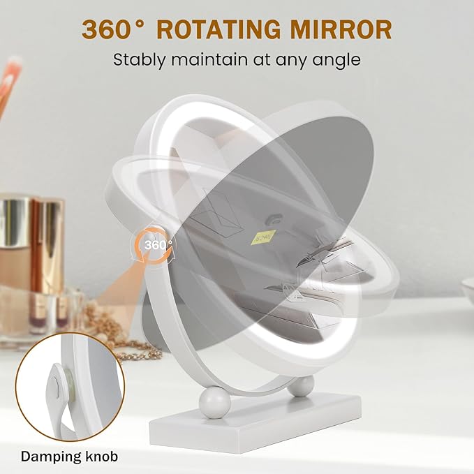 Travel Makeup Mirror, 9" Small Vanity Mirror with Lights, 1500mAH Battery, 3-Color Lighting, Dimmable, 360° Rotation, Round Portable Desk Mirror, Travel Essentials (White)