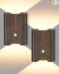 Motion Sensor Wireless Wall Sconce 2Pcs - Rechargeable Magnetic No-Drill, 3 Color Temp Dimmable Wireless Wall Light with Remote&Timer, Step Lights Indoor for Stair Bedroom Closet Hallway, Wood