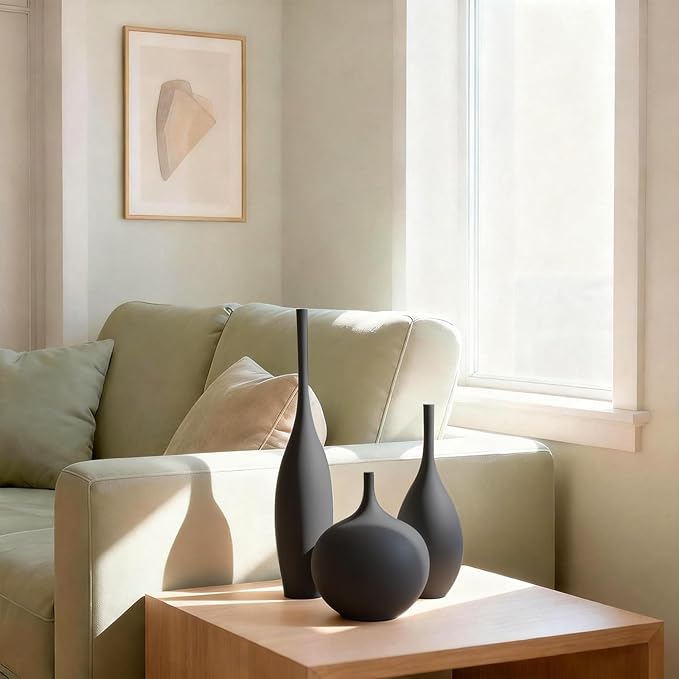 Black Ceramic Vase Modern Boho Wabi-Sabi Flower Vase Set of 3 Decorative Aesthetic Vases for Centerpieces Matte Minimalist Vases for Living Room Table Shelf Home Decor Gift