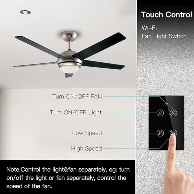 MOES WiFi Smart Ceiling Fan Light Wall Switch, Smart Life/Tuya APP Remote Timer and Counterdown, Compatible with Alexa and Google Home, Black No Hub Required