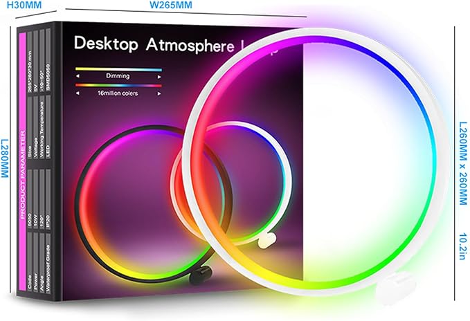 White LED Intelligent Color Changing Circular Table Lamp -16 Million RGB DIY Mode and Modern Game Light, with Music Synchronization, Voice Control, Computer Desk and Home Office Decoration