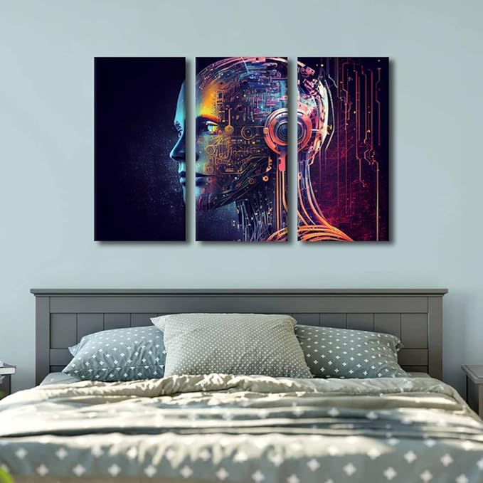 TUMOVO Artificial Intelligence Pictures Print for Living Room Decoration 3 Panel AI Wall Art Futuristic Technology Artwork for Home Office Wall Decoration Wooden Framed Ready to Hang, 36" Wx24 H