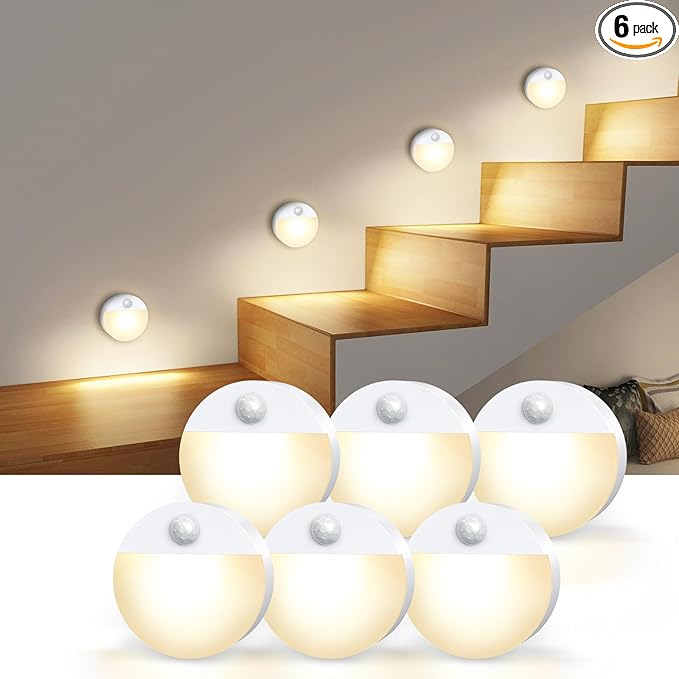 AMIR Upgraded Mini Motion Sensor Light Battery-Powered, Cordless Stick-on LED Night Light, Wall Lights, Closet Lights, Safe Light for Stairs, Hallway, Bathroom, Kitchen, Cabinet (6 PCS - Warm White)