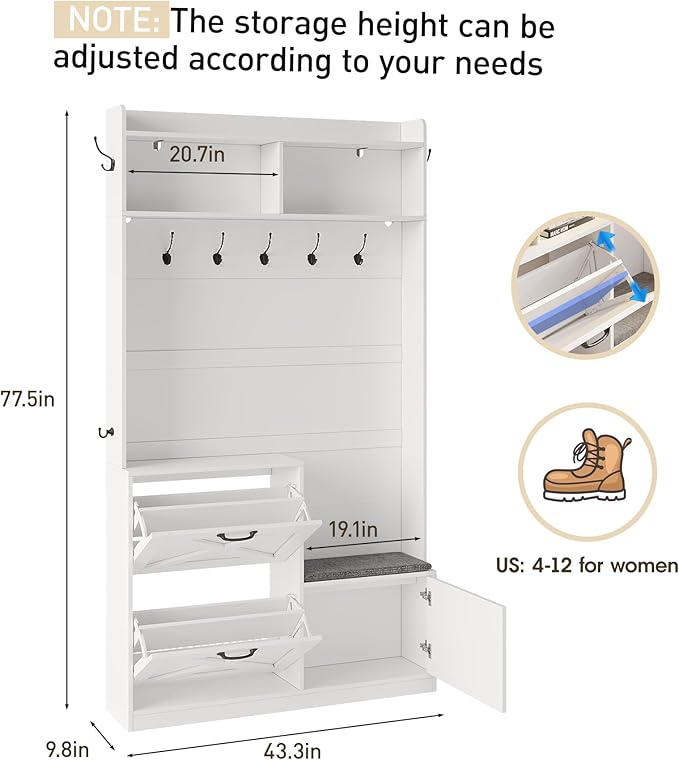 Maupvit Entryway Hall Tree with Bench and Shoe Storage, 5-in-1 Narrow Hall Tree with LED Light, Cushioned Stool & 9 Hooks, 2 Flip Drawers, 78" Coat Shoe Rack for Mudroom, Hallway, Living Room, White