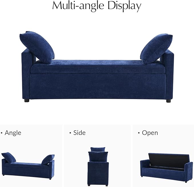 59.5" Modern Storage Ottoman Bedroom Bench, End of Bed Bench with Arms and Throw Pillows, Footrest Stool for Living, Dining Room, Entryway and Hallway, Navy