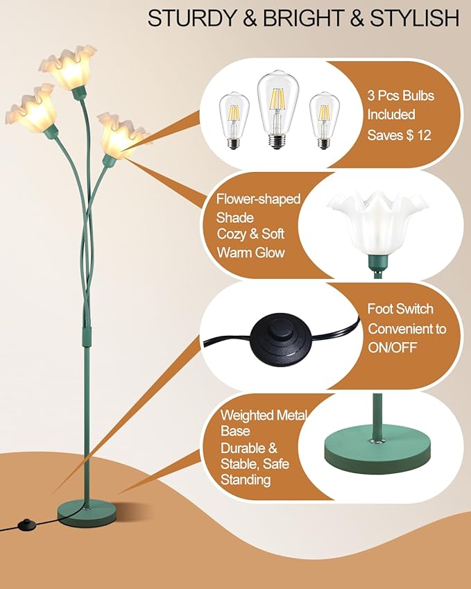 Flower Floor Lamp for Living Room, Modern Tree Floor Lamp with Adjustable Heads, 3 Light 3000K Soft Warmwhite Mid Century Standing Tall Lamp for Bedroom Kids Room-Green