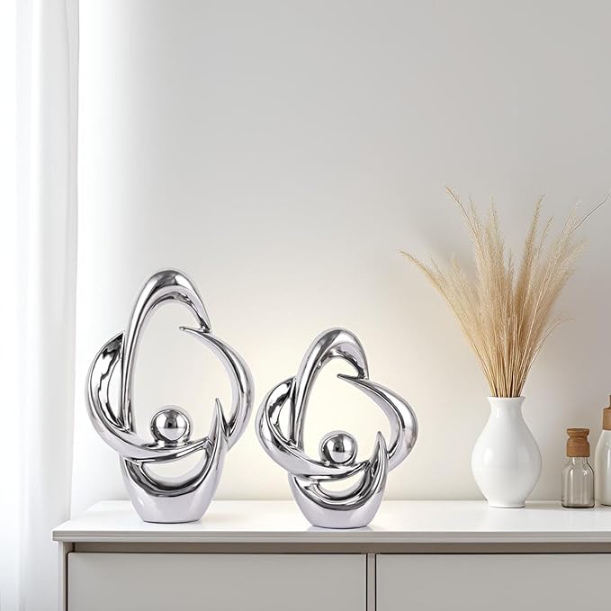 2PCS Home Decor Accent Ceramic Statue Abstract Sculptures Centerpieces Mid Century Modern Decor for Tables Coffee Table top Decorations for Living Room Desktop Shelf Dining Room Kitchen (Sliver)