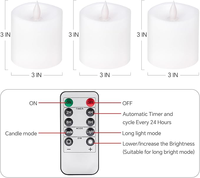 3x3 Flameless Candles Set of 3, LED Battery Candles Flickering, 3 inch Flameless Candles with Remote,Battery Powered Candles,for Wedding Holiday Decorations,White